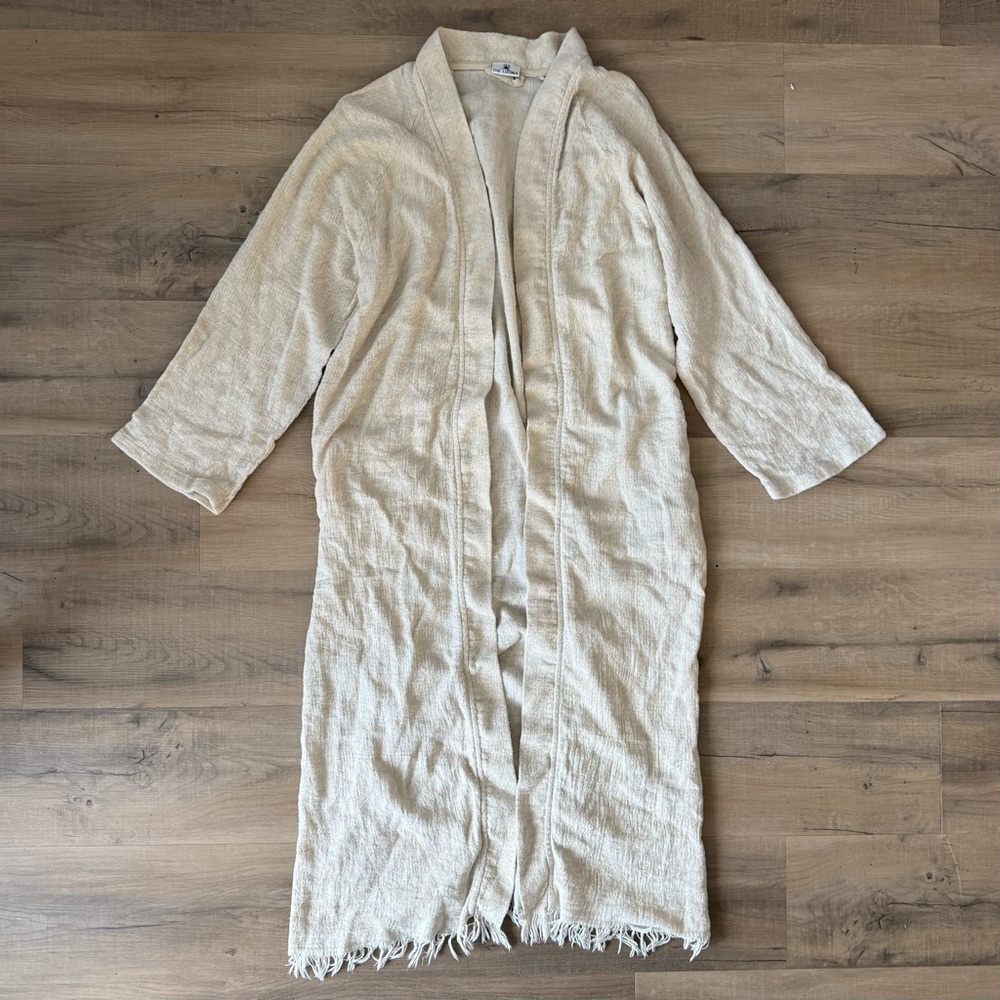 The Loomia natural beige Turkish cotton linen fringe kimono robe - One Size NWOT - Picture 2 of 4